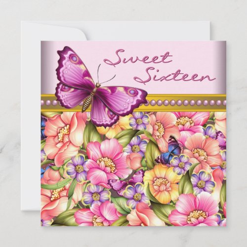 Pink Gold Butterfly Pink Gold Sweet 16 Birthday Invitation
