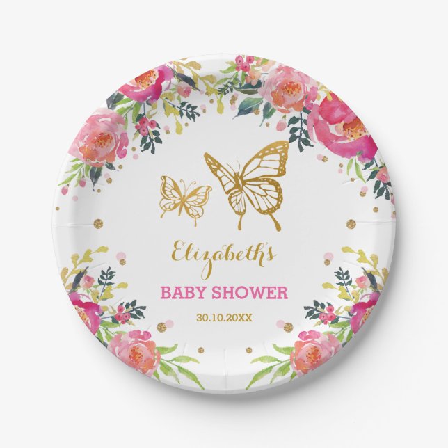 Pink Gold Butterfly / Pretty Watercolor Floral Paper Plates (Front)