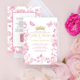 Pink Gold Butterfly Quinceañera QR Mis Quince Años Invitation