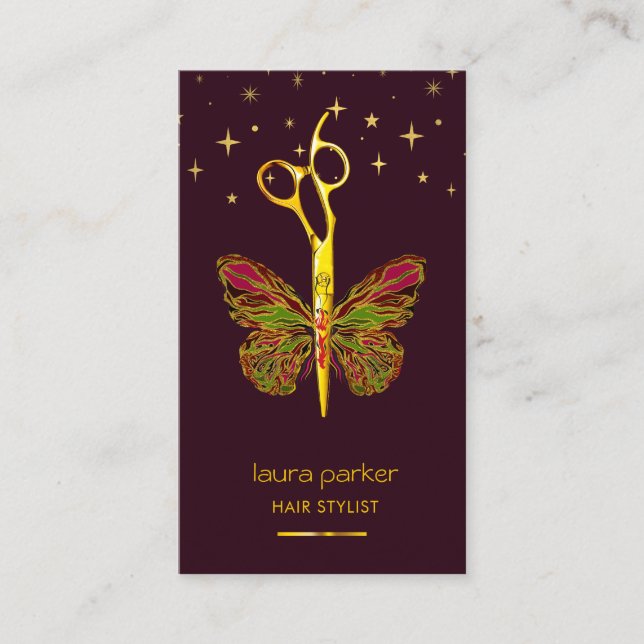 Pink Gold Butterfly Scissor Hair Stylist Salon Business Card (Front)