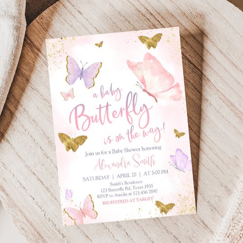 Pink Gold Butterfly Spring Baby Shower  Invitation