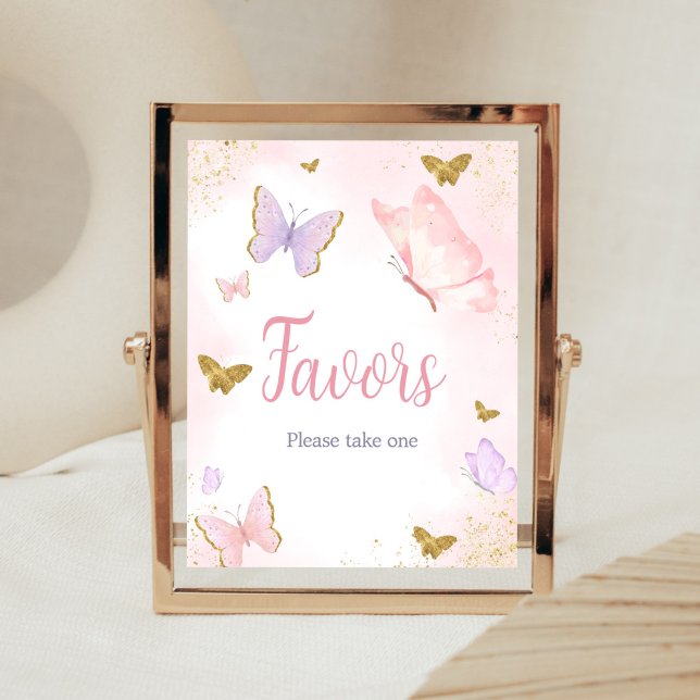 Pink Gold Butterfly Spring Favors Poster (Purple Gold Butterfly Baby Shower Favors Sign)