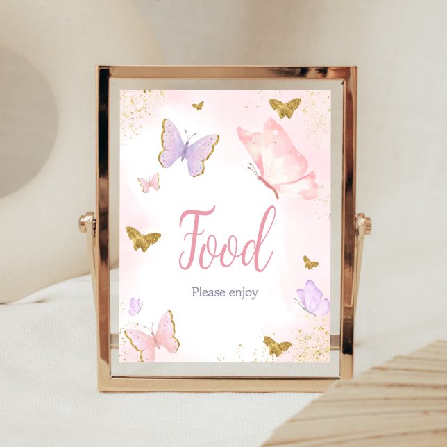 Pink Gold Butterfly Spring Food Poster (Purple Gold Butterfly Baby Shower Food Sign)