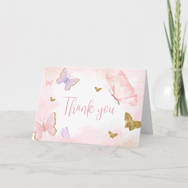 Pink Gold Butterfly Spring  Thank You Card (Front)