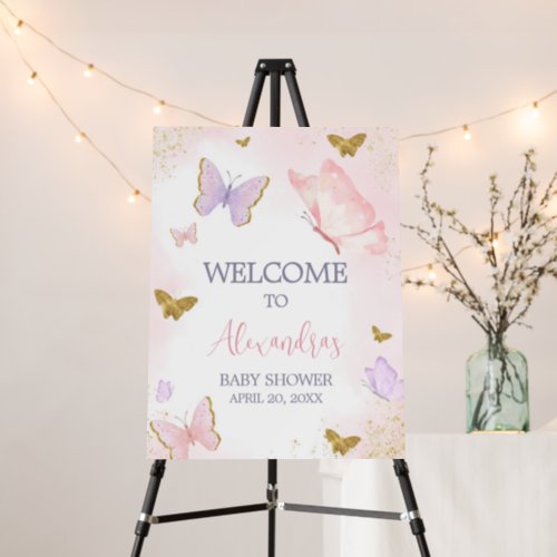Pink Gold Butterfly Spring Welcome Sign