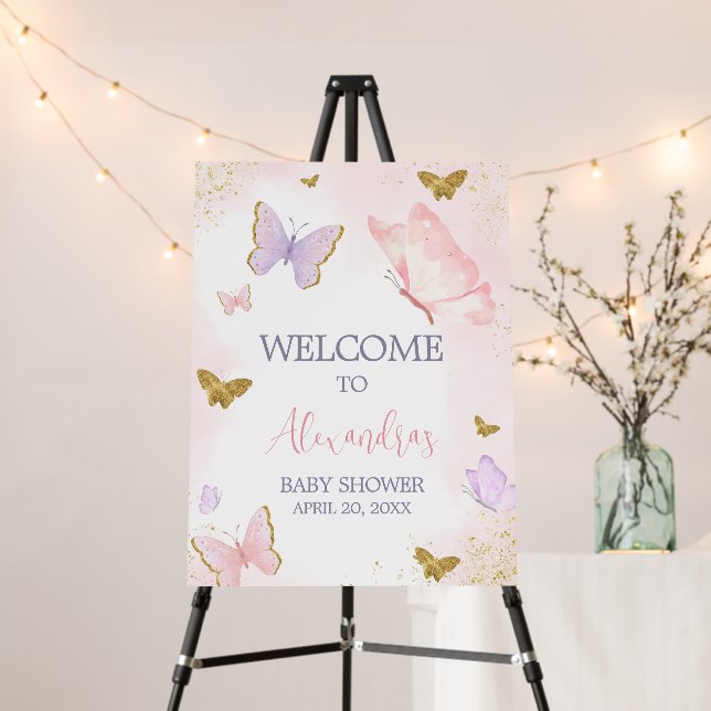 Pink Gold Butterfly Spring Welcome Sign (In Situ (Stand))
