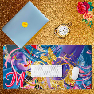 Pink Gold Butterfly Swirl Monogram Liquid Abstract Desk Mat