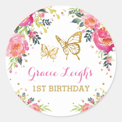 Pink Gold Butterfly Watercolor Floral 1st Birthday Classic Round Sticker