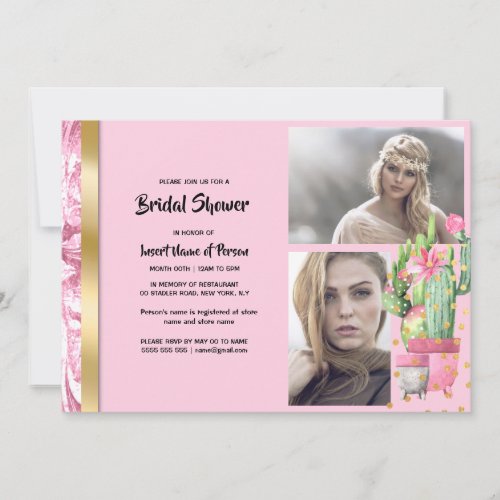 Pink gold cactus succulent two color photo girly  invitation