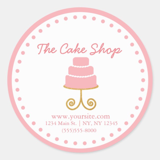Pink Gold Cake Bakery Business Sticker Label (Front)