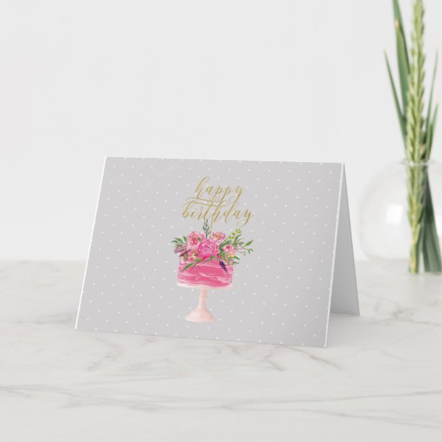 Pink gold cake Happy Birthday card (Front)