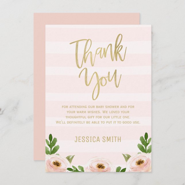 Pink Gold Calligraphy Baby Shower Thank You Card (Front/Back)