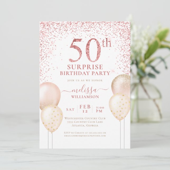 Pink Gold Calligraphy Surprise 50th Birthday Invitation (Standing Front)