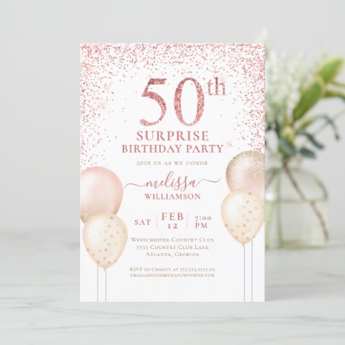 Pink Gold Calligraphy Surprise 50th Birthday Invitation