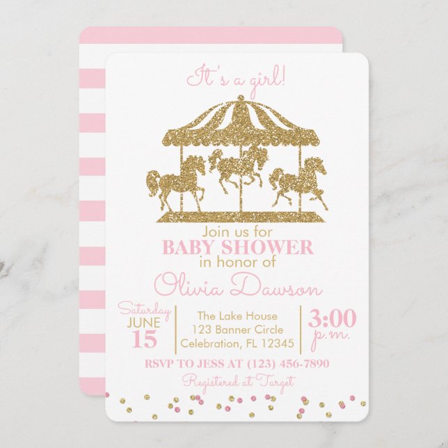 Pink & Gold Carousel Girl Baby Shower Invitation (Front/Back)