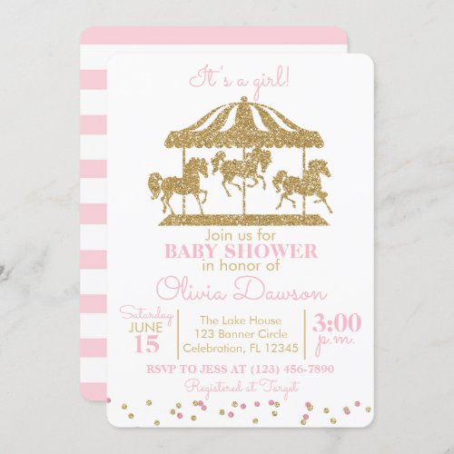 Pink  Gold Carousel Girl Baby Shower Invitation