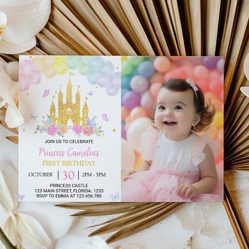 Pink Gold Castle Princess 1st Birthday Invitation 