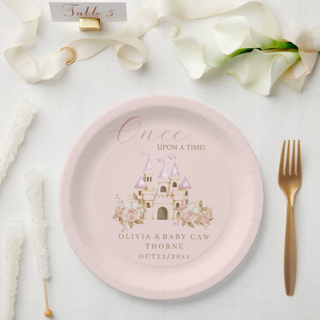 Pink Gold Castle Princess Baby Shower Paper Plates (Wedding)