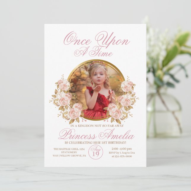 Pink Gold Castle Princess Photo 1st Birthday  Invitation (Standing Front)