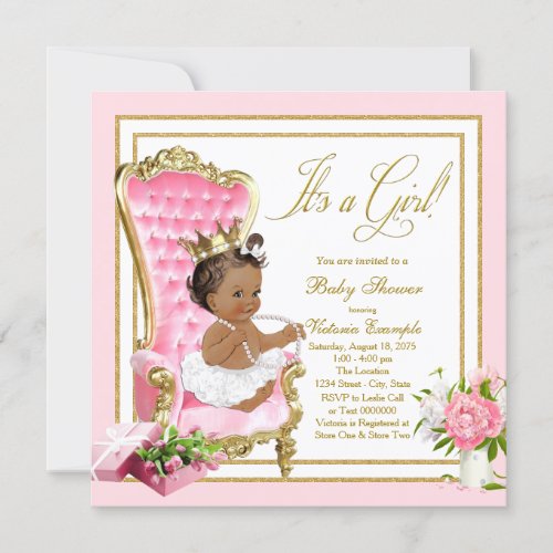 Pink Gold Chair Ethnic Princess Pearl Baby Shower Invitation