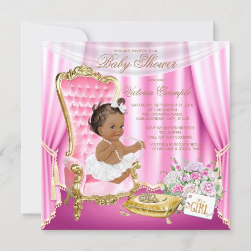 Pink Gold Chair Ethnic Princess Pearl Baby Shower Invitation