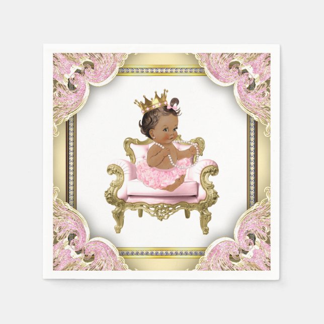 Pink Gold Chair Pearls Ethnic Girl Baby Shower Paper Napkins (Front)