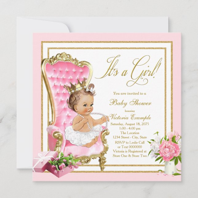 Pink Gold Chair Princess Pearl Tutu Baby Shower Invitation (Front)