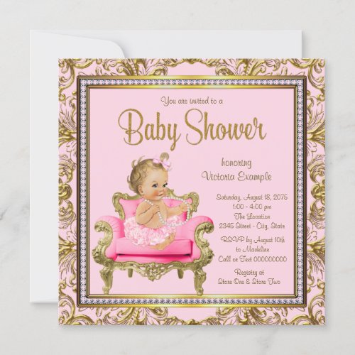 Pink Gold Chair Tutu Swirls Baby Shower Invitation