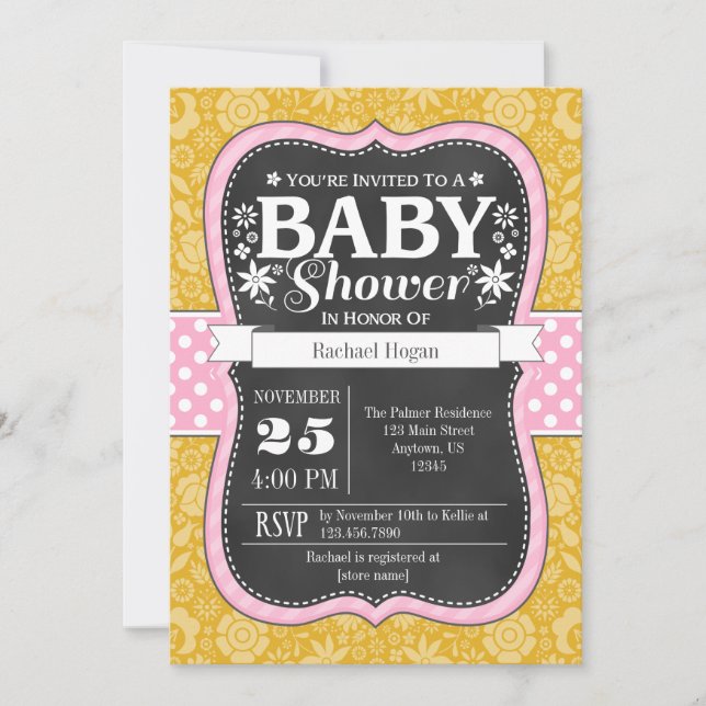 Pink Gold Chalkboard Floral Baby Shower Invite (Front)
