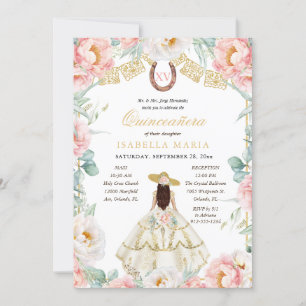 Pink & Gold Charra with Photo Mexican Quinceañera Invitation