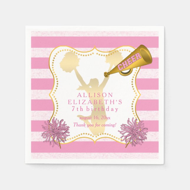 Pink | Gold Cheer Cheerleader Girl Birthday Party Napkins (Front)