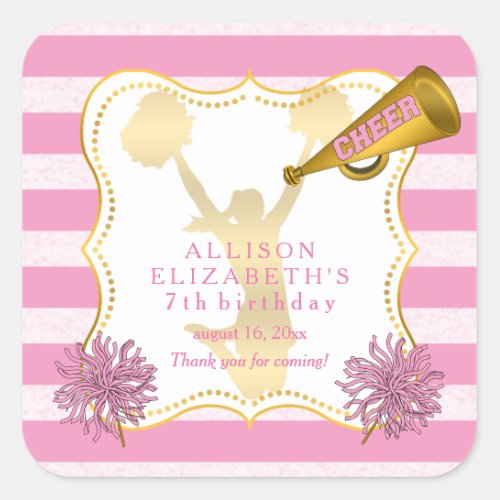 Pink  Gold Cheer Cheerleader Girl Birthday Party Square Sticker