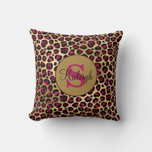Pink Gold CheetahLeopard Print Monogram Name Throw Pillow