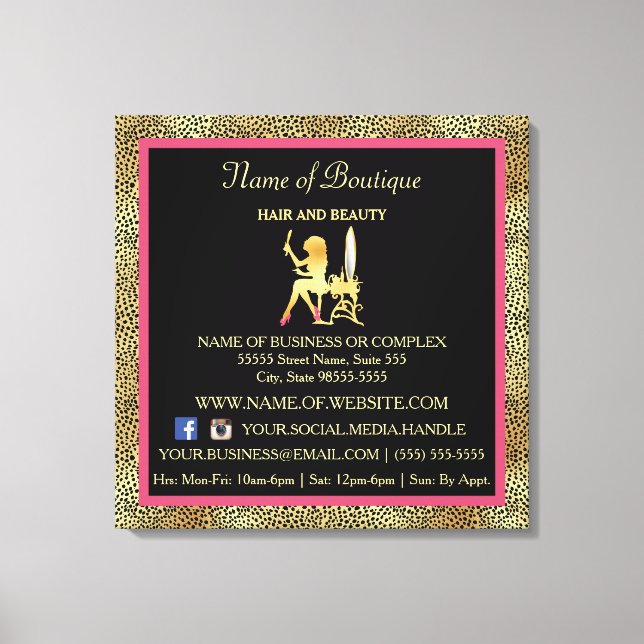 Pink Gold Cheetah Print Boutique Information Sign (Front)