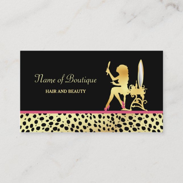 Pink Gold Cheetah Print Hair and Beauty Boutique Business Card (Front)