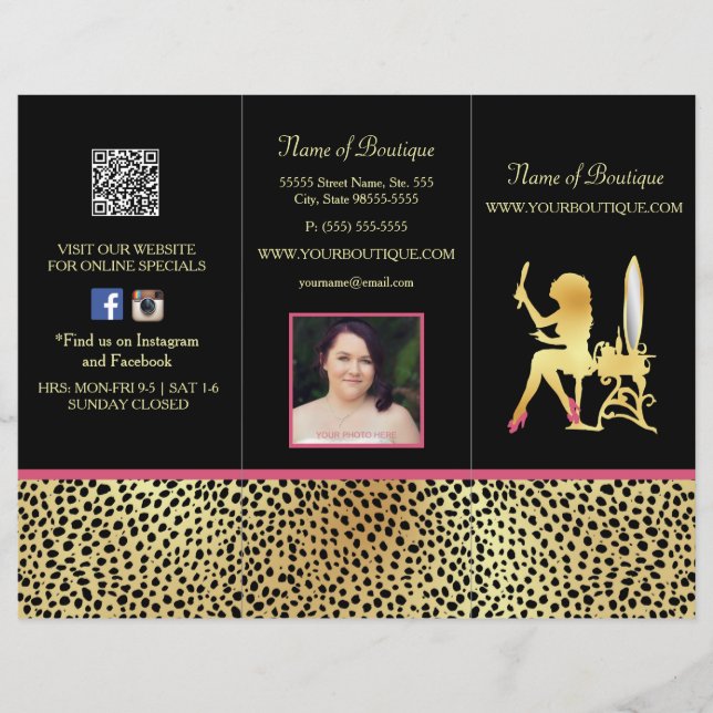 Pink Gold Cheetah Trifold Product Price Brochure (Front)