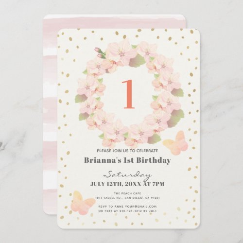 Pink  Gold Cherry Blossom Girl 1st Birthday Invitation