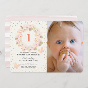 Pink & Gold Cherry Blossom Girl Photo 1st Birthday Invitation