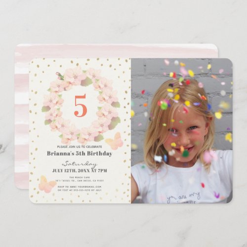 Pink  Gold Cherry Blossom Girl Photo Birthday Invitation