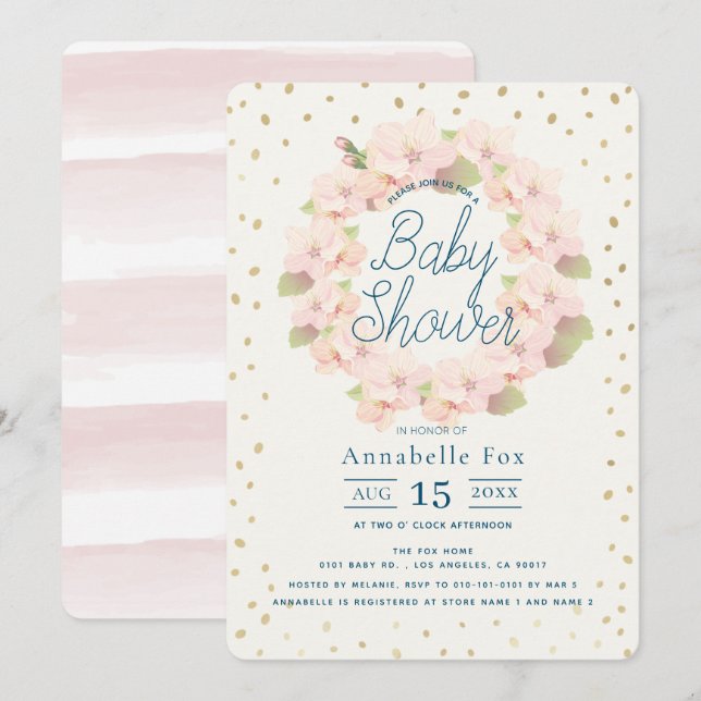 Pink & Gold Cherry Blossom Wreath Baby Shower Invitation (Front/Back)