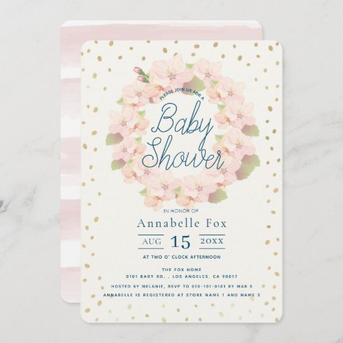 Pink  Gold Cherry Blossom Wreath Baby Shower Invitation