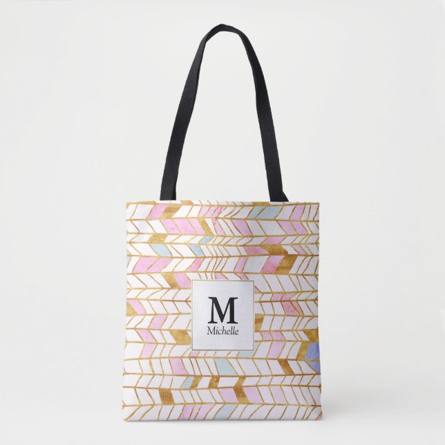 Pink & Gold Chevron Pattern Monogram Tote Bag (Front)