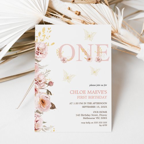 Pink Gold Chic Floral Butterflies 1st Birthday Invitation