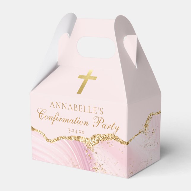 Pink Gold Christian Cross Confirmation Party Favor Boxes (Front Side)