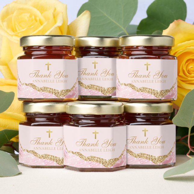 Pink Gold Christian Cross Confirmation Party Honey Jar Favors (Insitu)