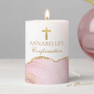 Pink Gold Christian Cross Custom Religious Pillar Candle