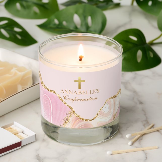 Pink Gold Christian Cross Custom Religious Scented Candle (Lit)