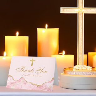 Pink Gold Christian Cross Elegant Personalized Letterpress Thank You Card