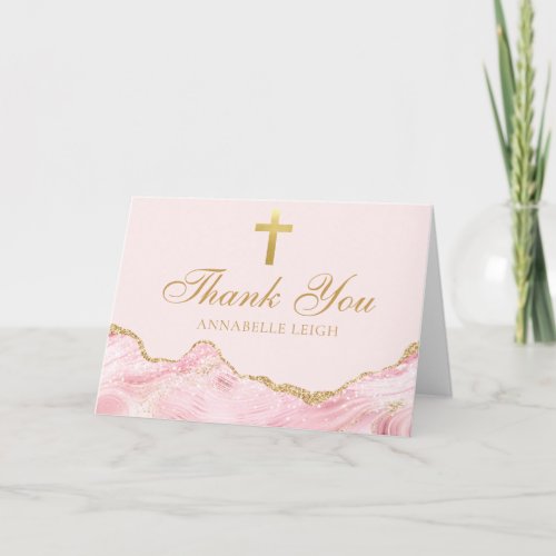 Pink Gold Christian Cross Elegant Personalized Thank You Card