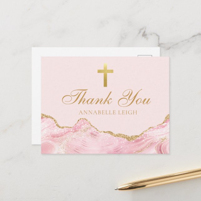 Pink Gold Christian Cross Personalized Thank You Postcard (Front/Back In Situ)